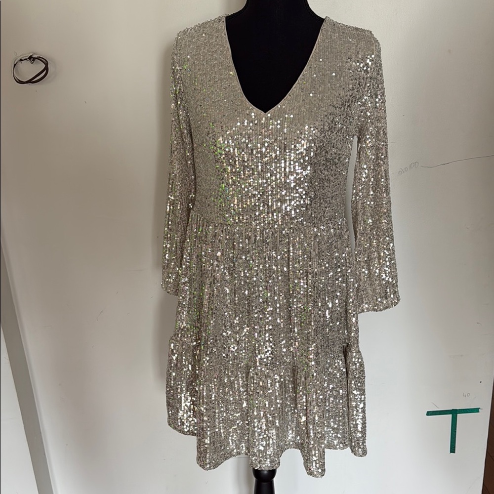 Vineyard Vines Silver Sequin Long Sleeve Dress XS